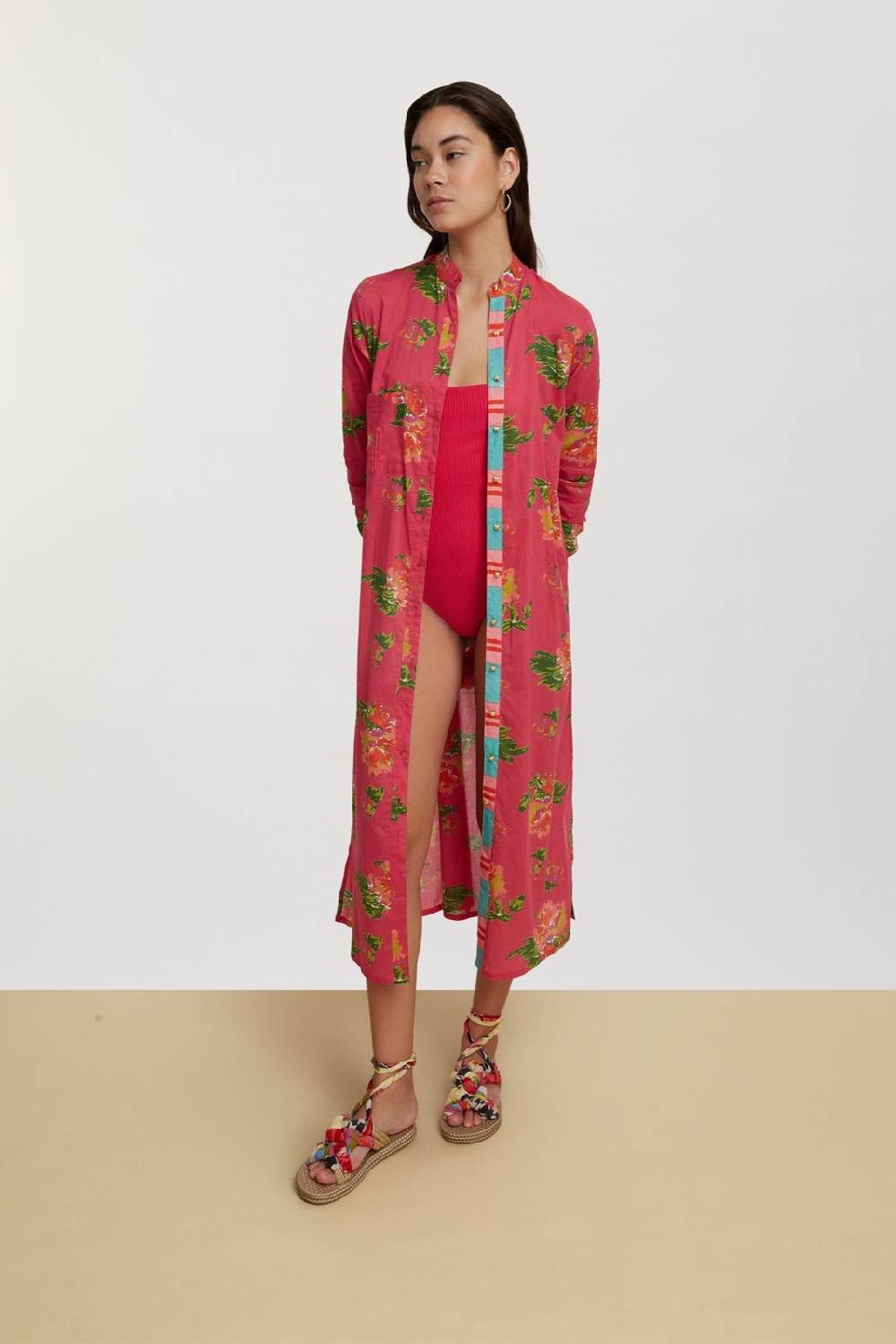 Lisa Corti kurta lunga aperta azhar flower fuxia Negozi Online