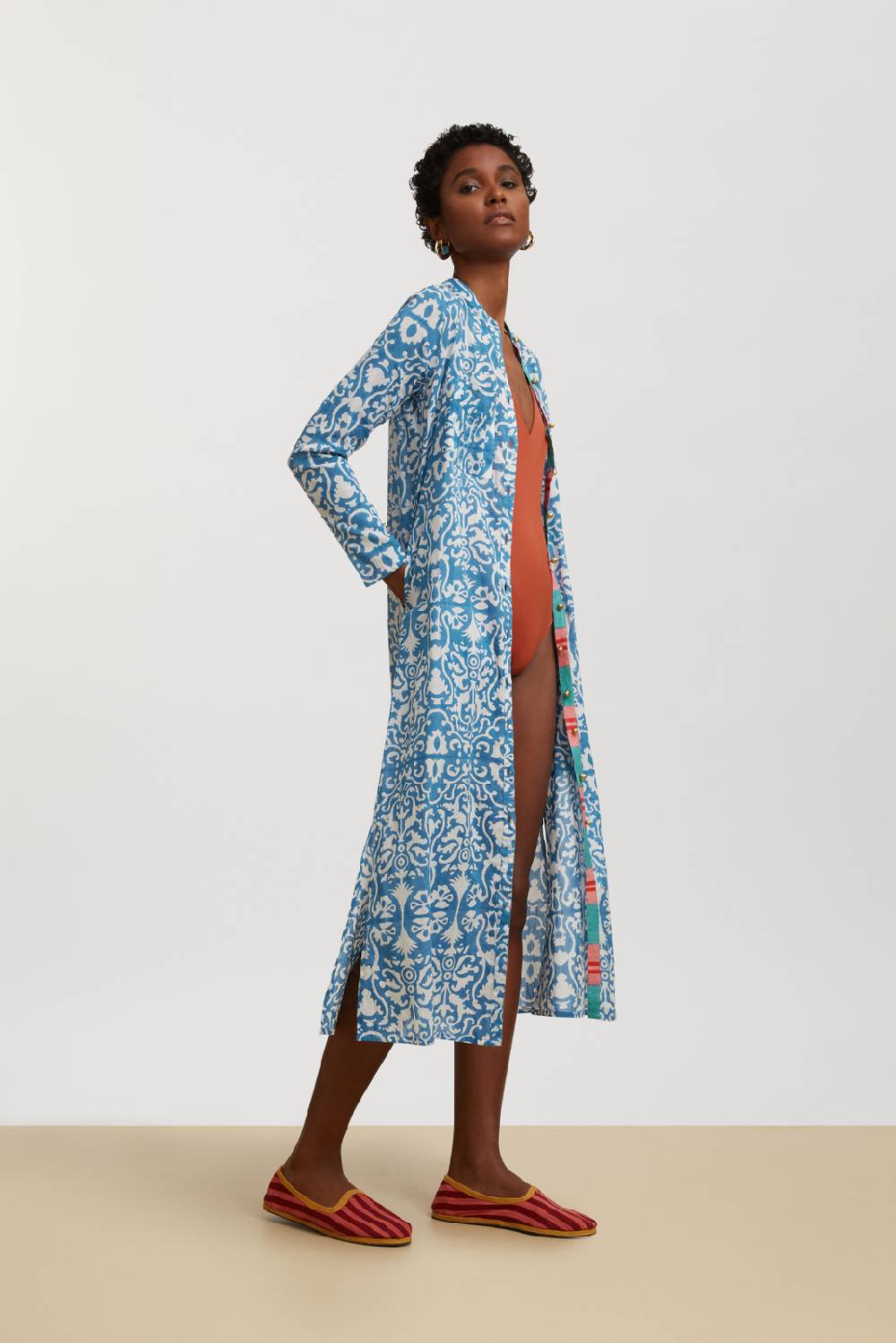 Lisa Corti kurta lunga aperta damask design white blue Negozio
