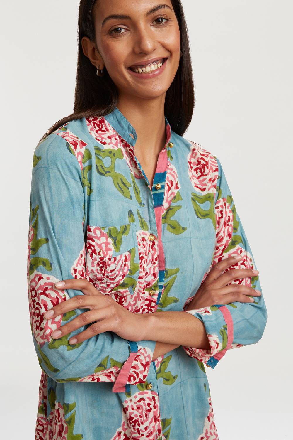 Lisa Corti kurta lunga aperta leopard flower sky light blue Moda