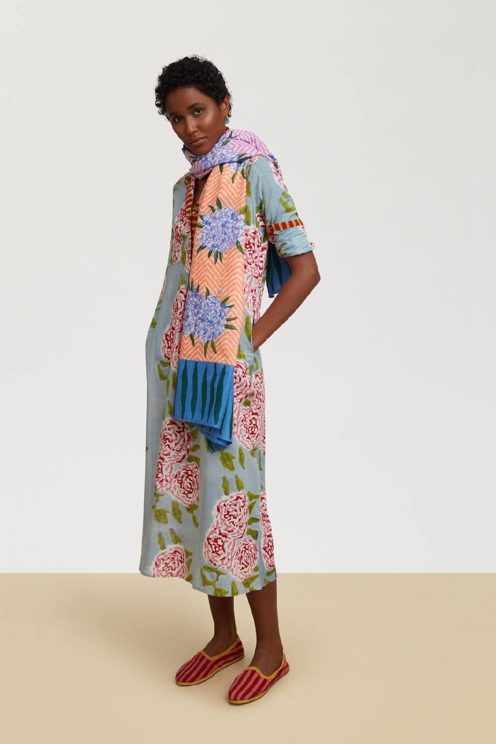 Lisa Corti kurta lunga leopard flower sky light blue Qualità