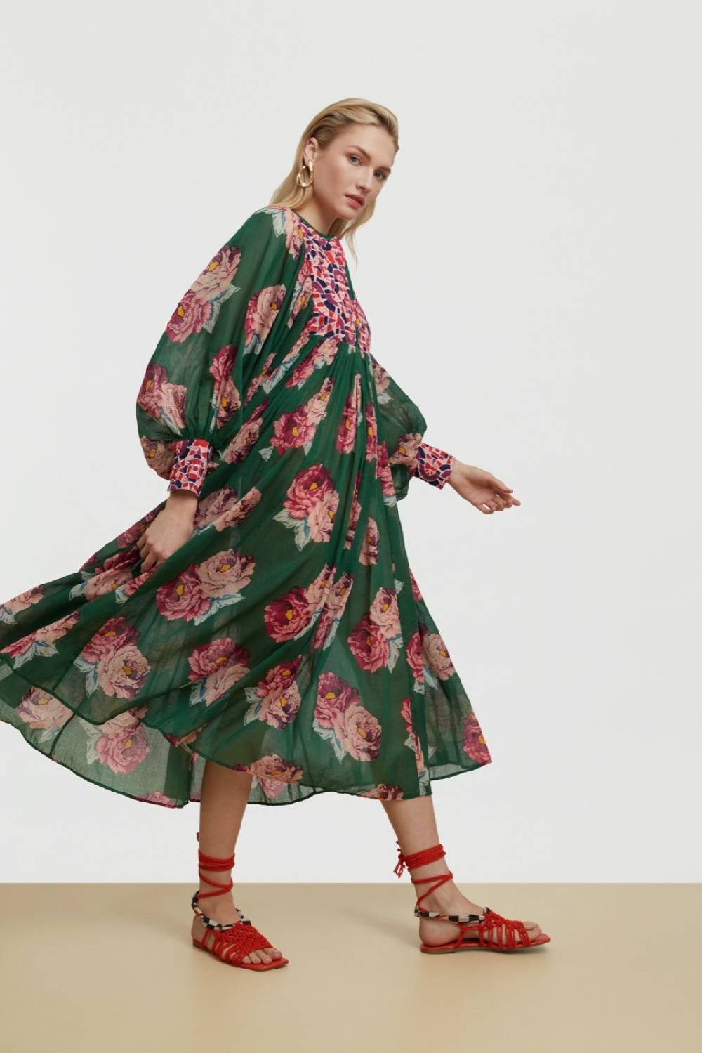 Lisa Corti abito ortensia folk rose green In Vendita