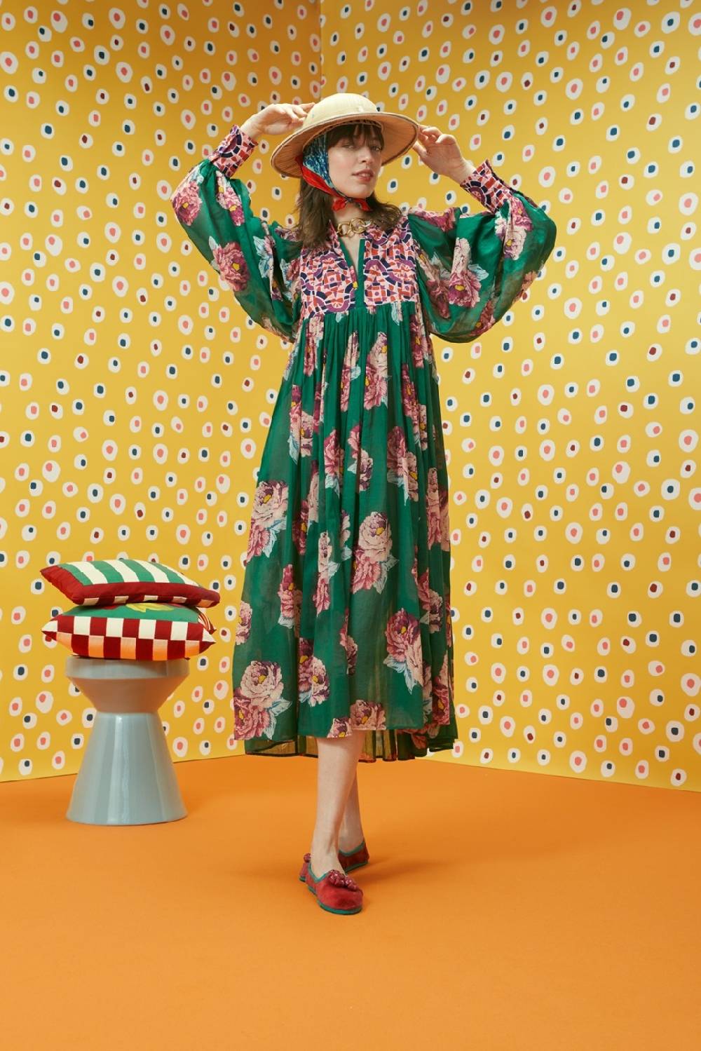 Lisa Corti abito ortensia folk rose green In Vendita