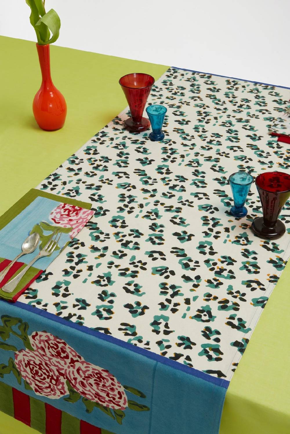 Lisa Corti tovaglietta doppia cotone 50x150cm leopard stripes sky 2025