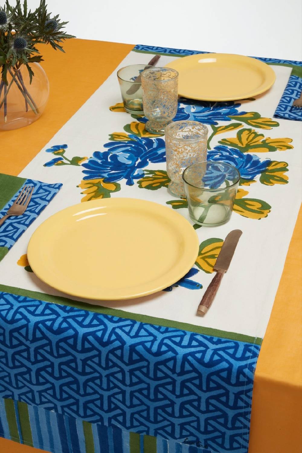 Lisa Corti tovaglietta doppia cotone 50x150cm vienna blue cream In Linea