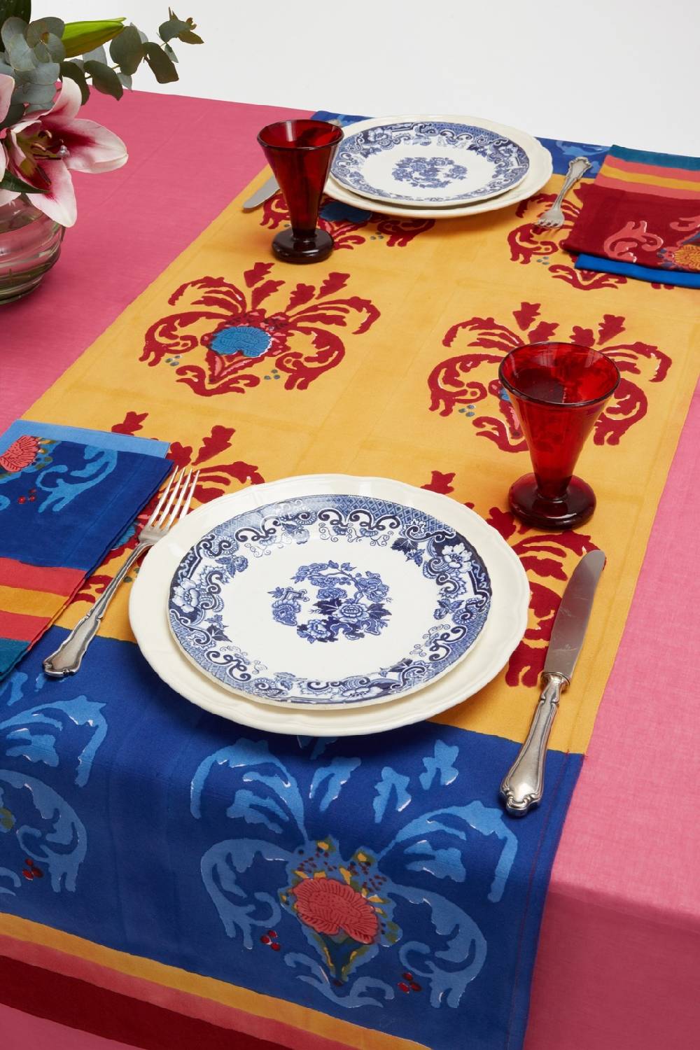 Lisa Corti tovaglietta doppia cotone 50x150cm brocade royal blue Pezzi Unici