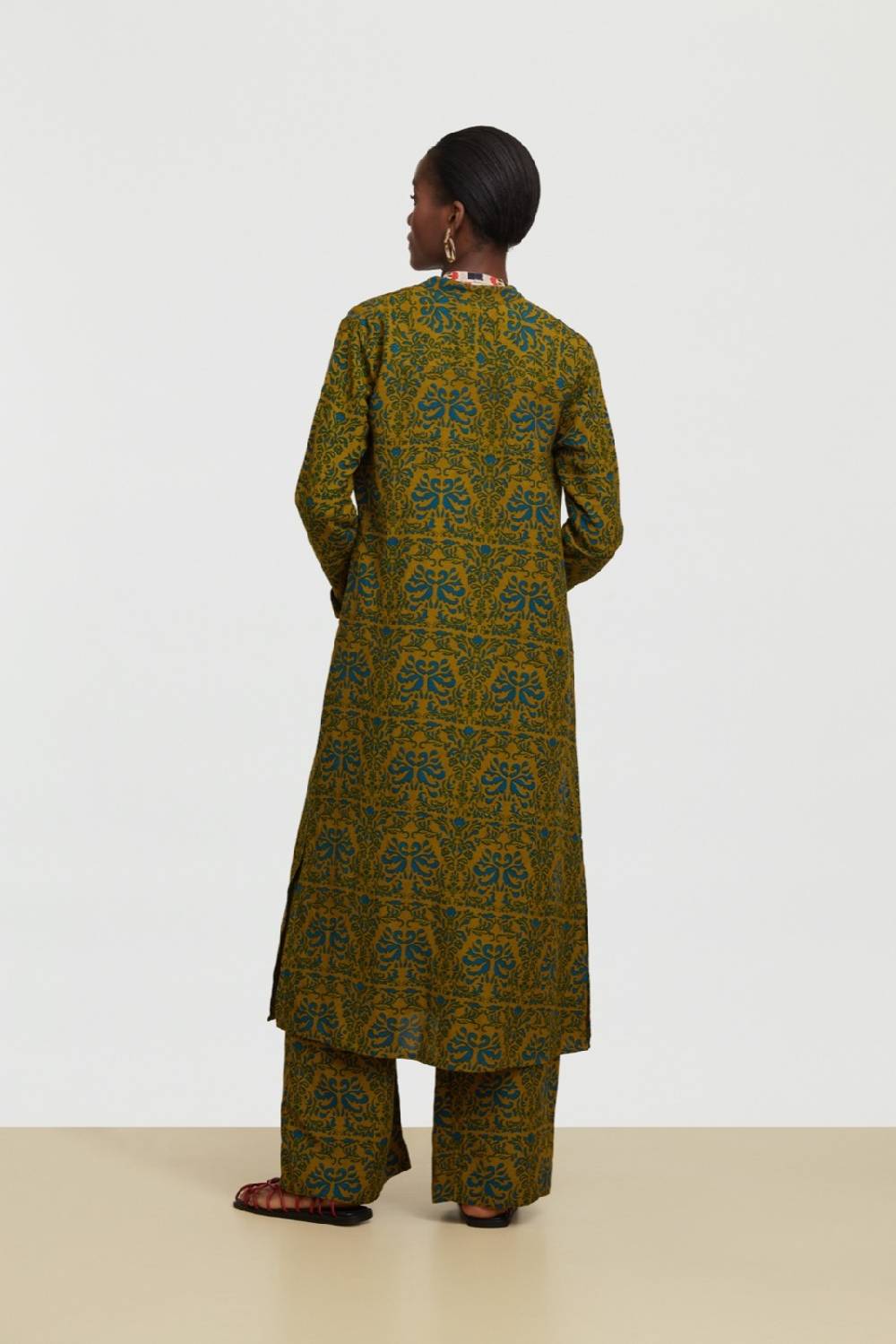 Lisa Corti caftano lungo aperto tangeri damask olive green Ultimo giorno