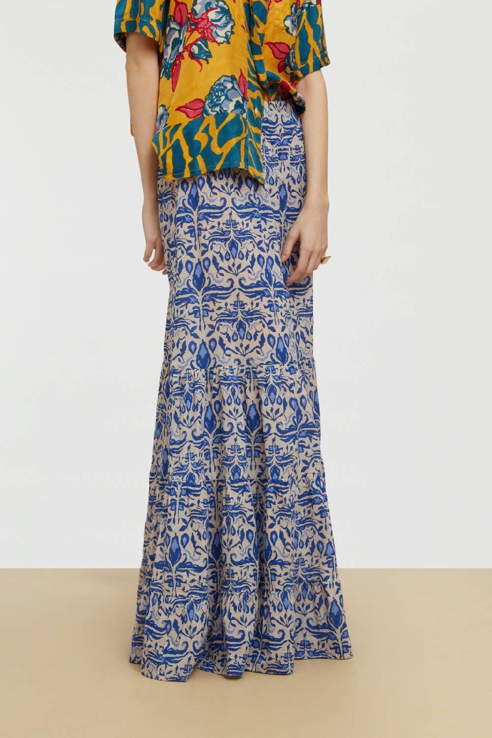 Lisa Corti gonna lehenga abhanery damasque blue Spedizione Gratuita