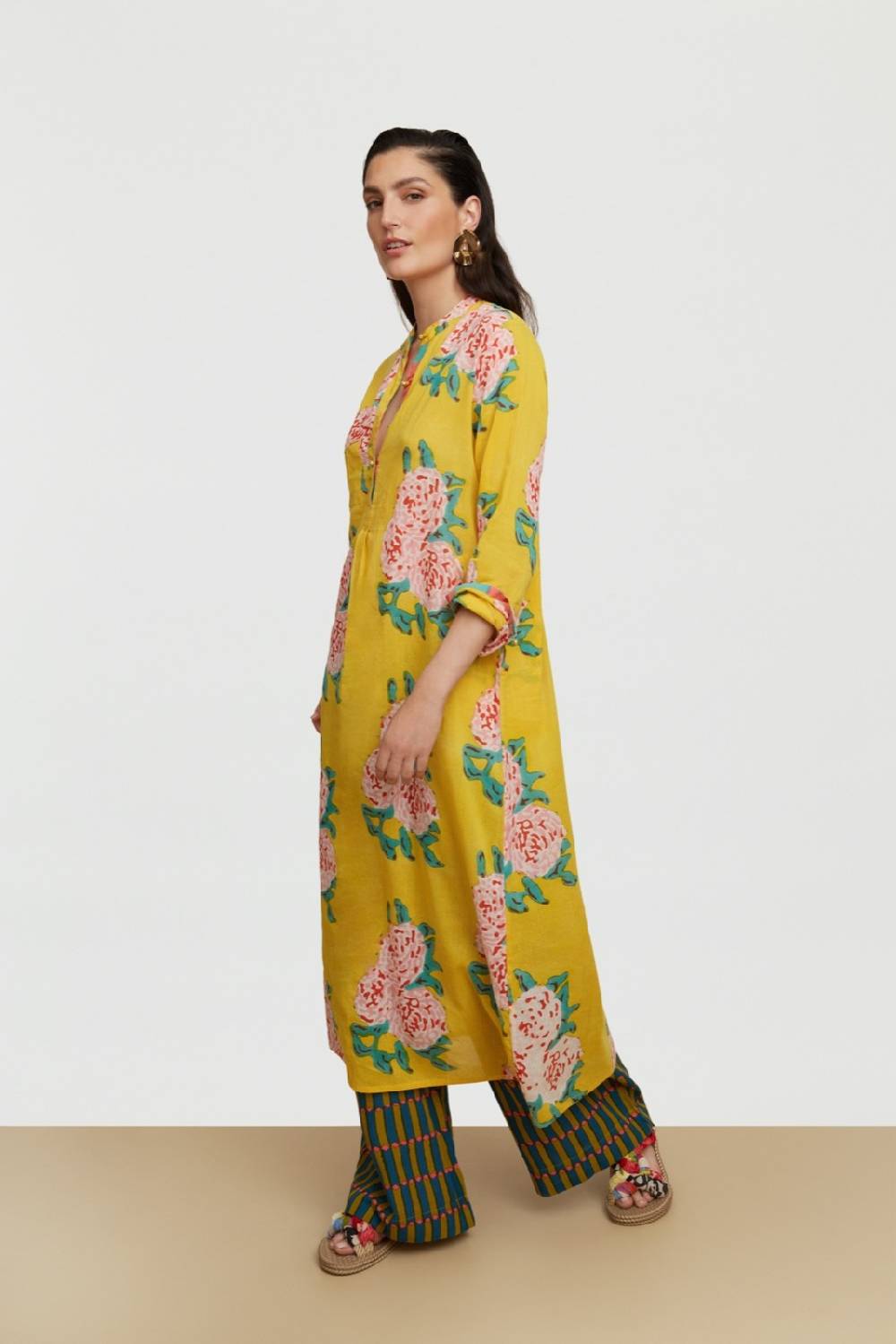 Lisa Corti kurta lunga leopard flower yellow Economico