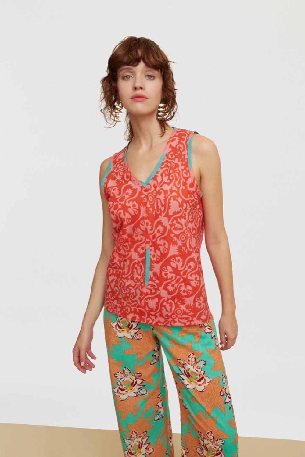 Lisa Corti top banyan damask design red