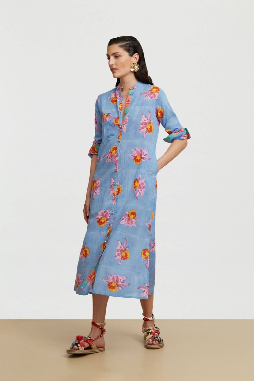 Lisa Corti kurta lunga aperta arabesque flower light blue Nuovo