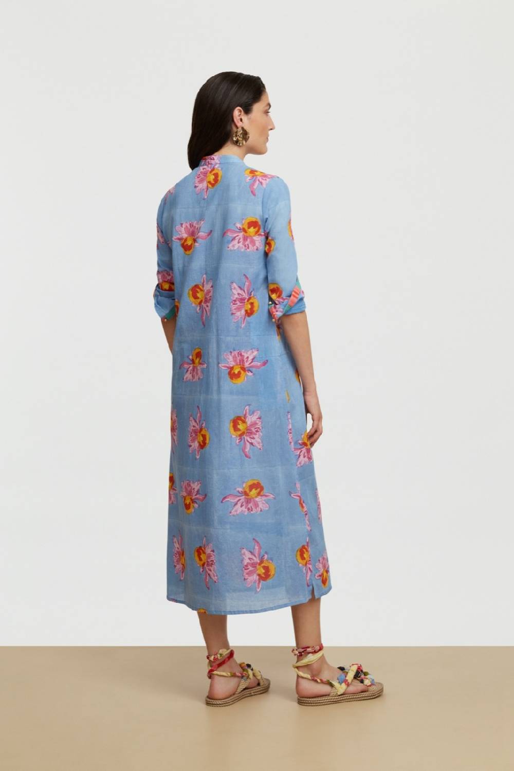 Lisa Corti kurta lunga aperta arabesque flower light blue Nuovo