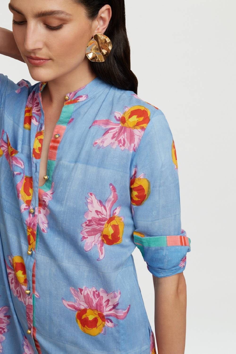 Lisa Corti kurta lunga aperta arabesque flower light blue Nuovo
