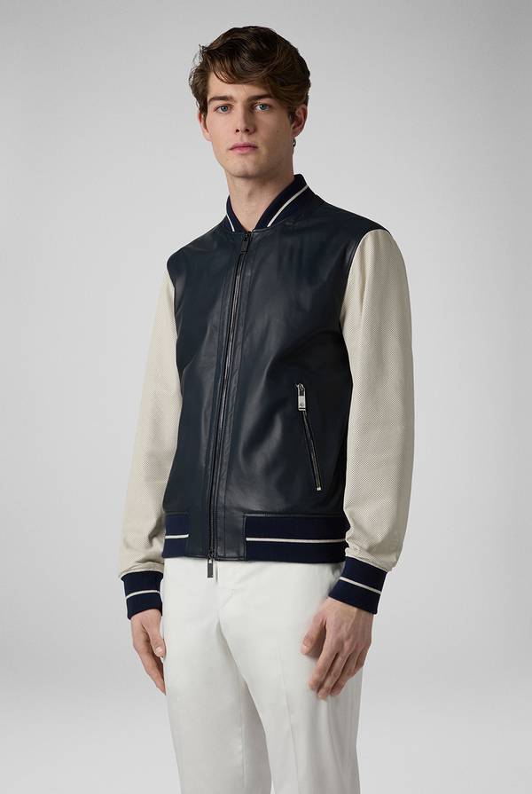 Pal Zileri Varsity Jacket in nappa bicolore blu e panna Spedizione Gratuita