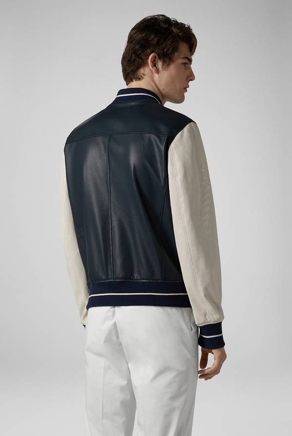 Pal Zileri Varsity Jacket in nappa bicolore blu e panna Spedizione Gratuita