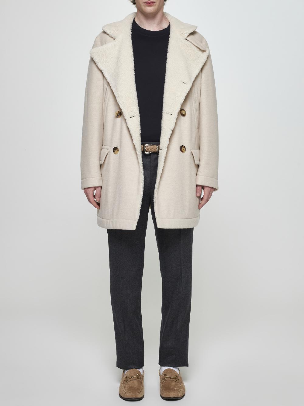 BRUNELLO CUCINELLI Caban in cashmere avorio con fodera in shearling Outlet