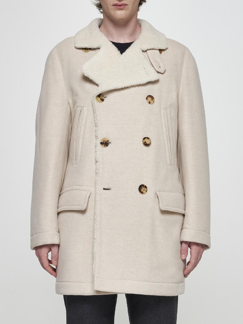 BRUNELLO CUCINELLI Caban in cashmere avorio con fodera in shearling Outlet