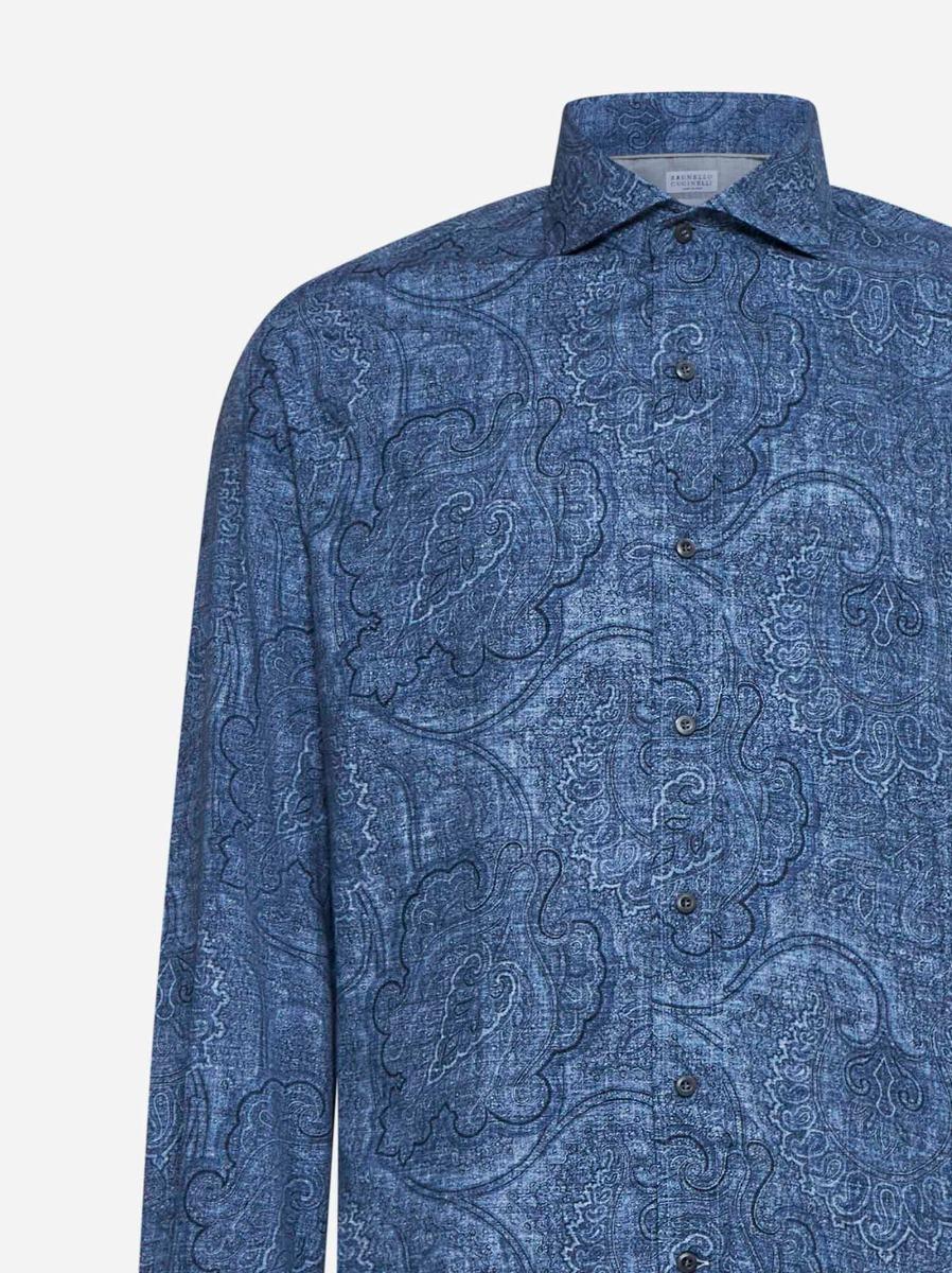 BRUNELLO CUCINELLI Camicia slim fit in tela Paisley blu Vendite Flash