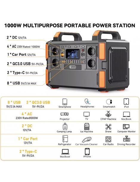 Generatore solare portatile Flashfish F132 1041.6Wh/1000W batteria LiFePo4 uscita 230V AC 19 uscite versione UE Soddisfazione Garantita