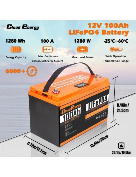 Cloudenergy 12V 100Ah LiFePO4 Battery Pack 1280Wh di energia 6000+ cicli BMS integrato 100A supporto serie/parallelo Pezzi Unici