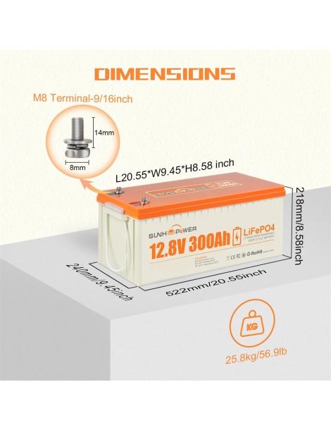 SUNHOOPOWER 12V 300Ah LiFePO4 Batteria energia 3840Wh BMS 200A integrato potenza di carico max. 2560W IP68 Sconto