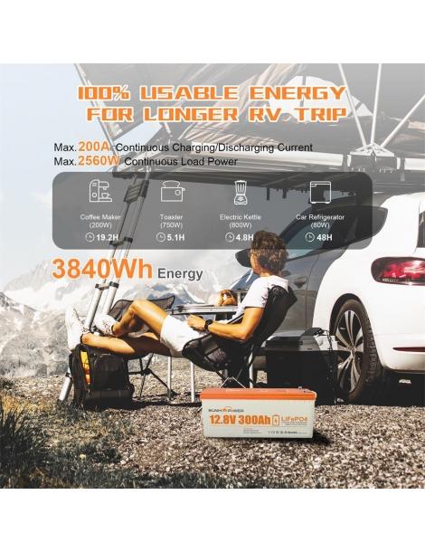 SUNHOOPOWER 12V 300Ah LiFePO4 Batteria energia 3840Wh BMS 200A integrato potenza di carico max. 2560W IP68 Sconto