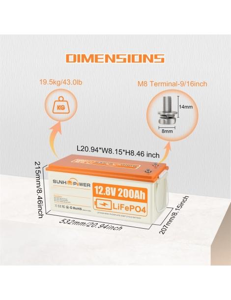 SUNHOOPOWER 12V 200Ah LiFePO4 Batteria energia 2560Wh BMS 100A integrato potenza di carico max. 1280W IP68 Offerta