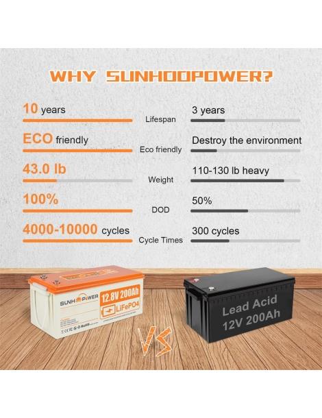 SUNHOOPOWER 12V 200Ah LiFePO4 Batteria energia 2560Wh BMS 100A integrato potenza di carico max. 1280W IP68 Offerta