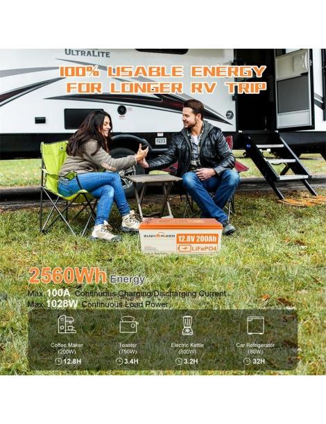 SUNHOOPOWER 12V 200Ah LiFePO4 Batteria energia 2560Wh BMS 100A integrato potenza di carico max. 1280W IP68 Offerta