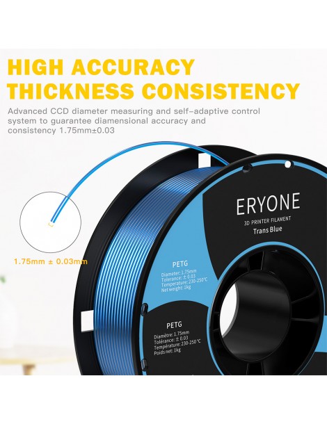 ERYONE PETG Filamento per stampante 3D 1 75mm Tolleranza 0 03mm 1KG(2.2LBS)/Spool - Blu trasparente 50% di sconto per tempo limitato