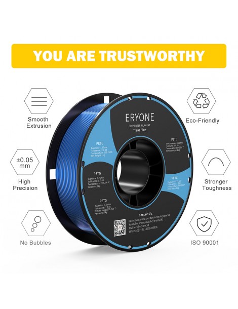 ERYONE PETG Filamento per stampante 3D 1 75mm Tolleranza 0 03mm 1KG(2.2LBS)/Spool - Blu trasparente 50% di sconto per tempo limitato