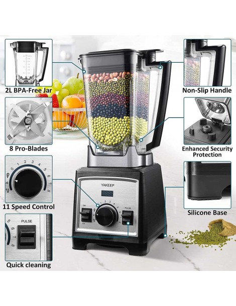 Yakeep 8188 2000W Stand Mixer frullatore per frullati da 2L con agitatore 32000 RPM 8 lame in acciaio Nuovo