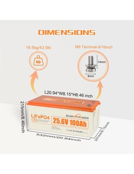 SUNHOOPOWER 24V 100Ah LiFePO4 Batteria energia 2560Wh BMS 100A integrato potenza di carico max. 2560W IP68 2025