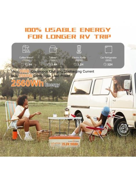 SUNHOOPOWER 24V 100Ah LiFePO4 Batteria energia 2560Wh BMS 100A integrato potenza di carico max. 2560W IP68 2025