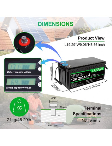 LANPWR 12V 200Ah LiFePO4 Batteria di backup 2560Wh di energia 4000 cicli profondi Economico
