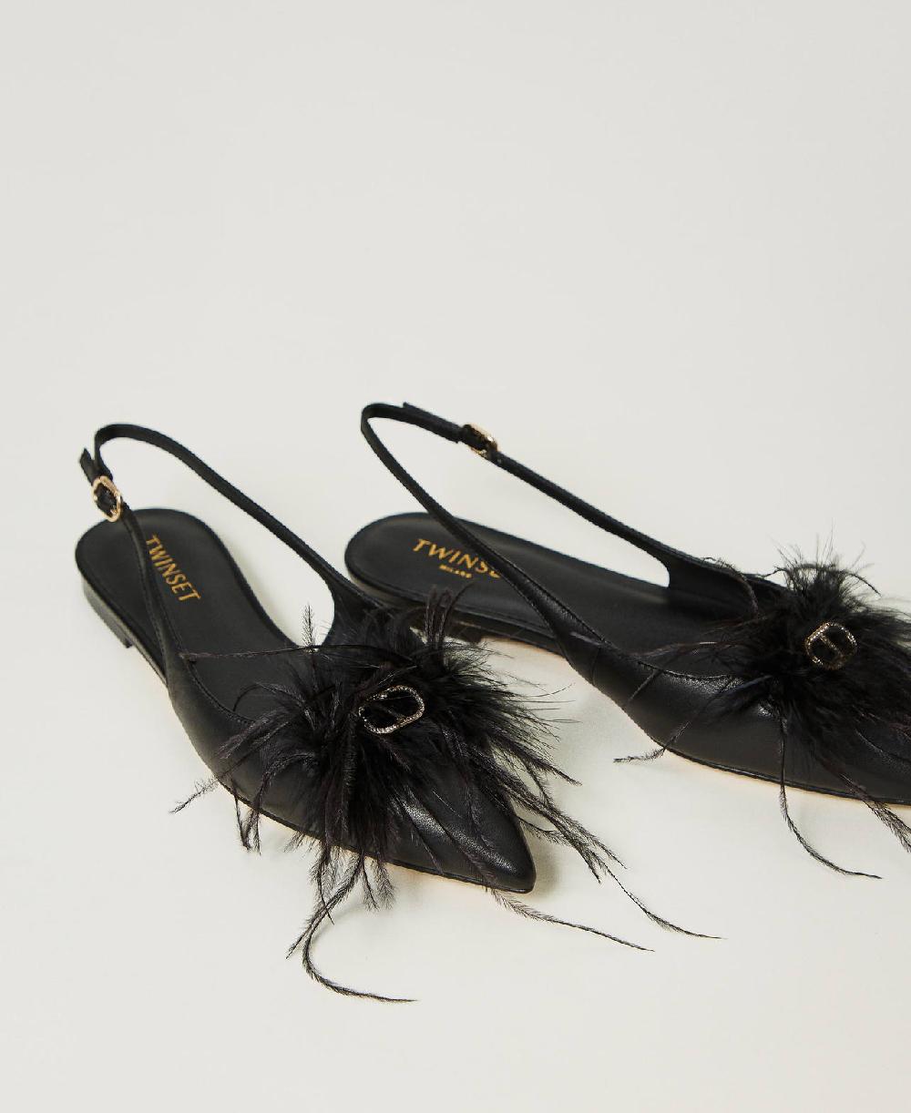 Scee by twin set Ballerine sling back in pelle con piume Vendita Economica