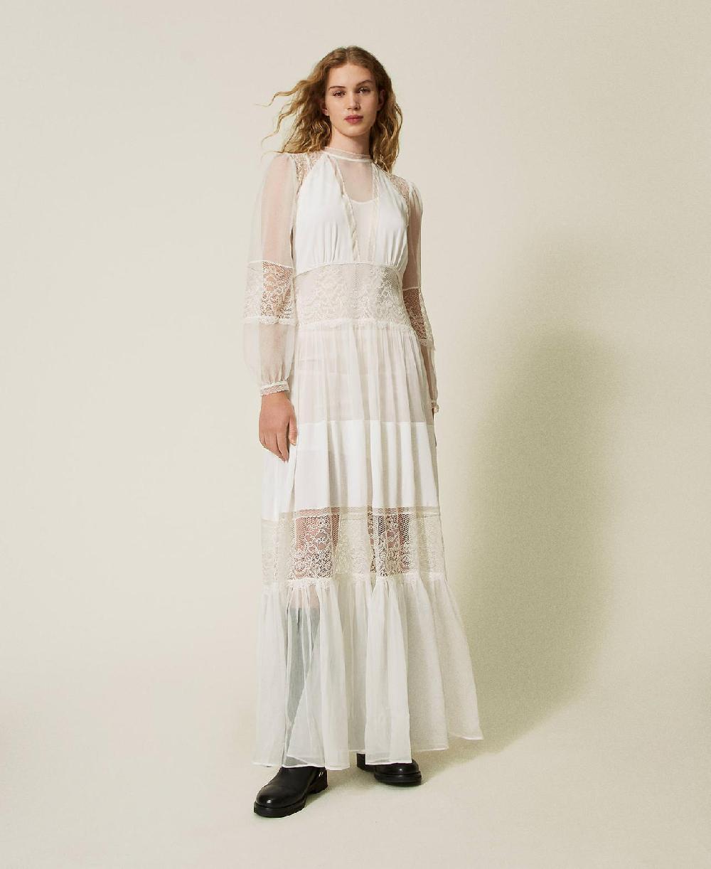 Scee by twin set Abito in creponne di seta con pizzo In Linea