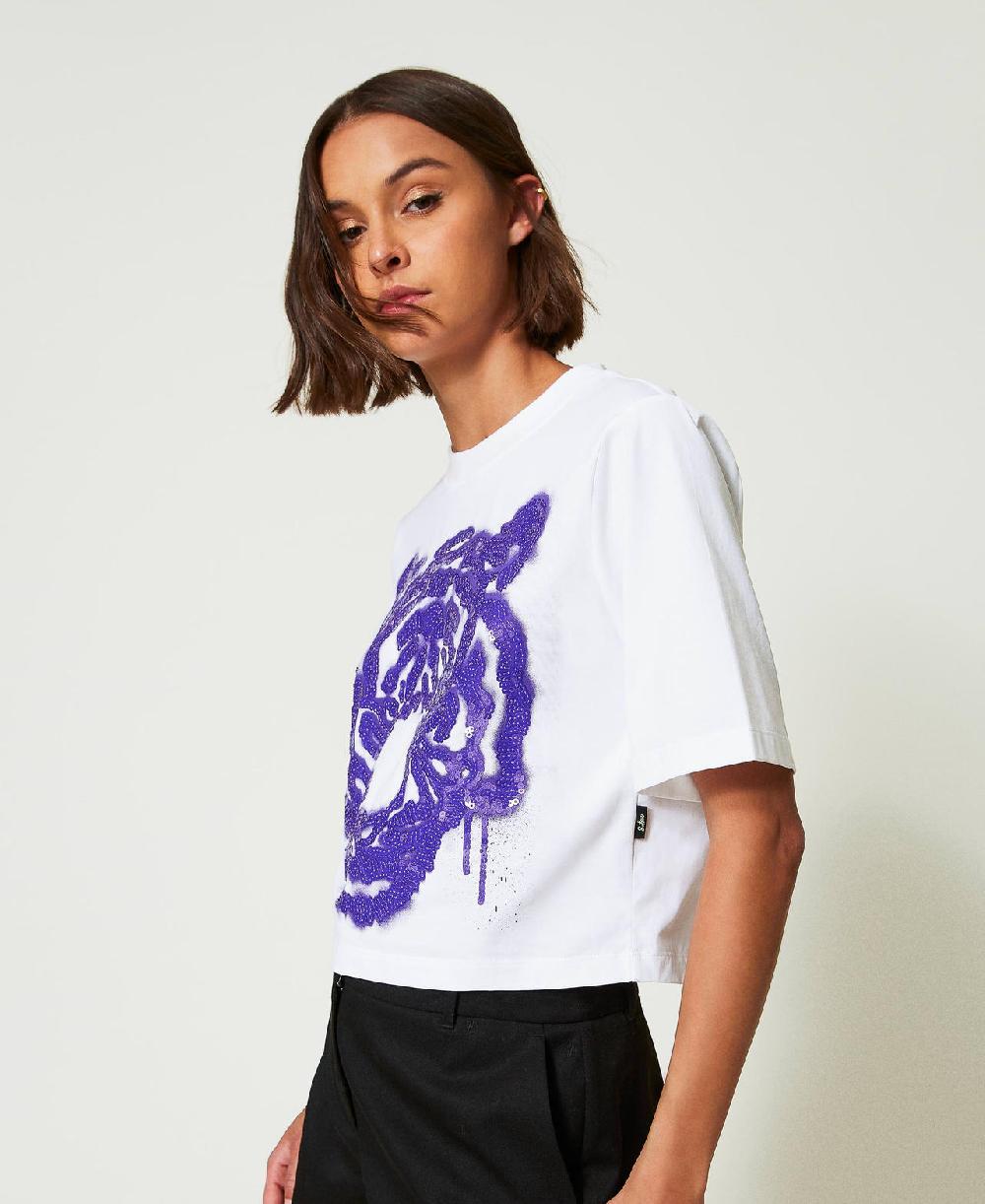 Scee by twin set T-shirt boxy MYFO con stampa e paillettes Nuova