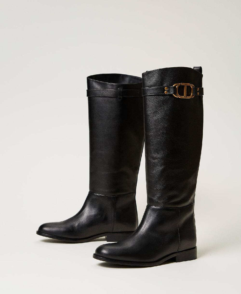 Scee by twin set Stivali alti in pelle con Oval T Outlet