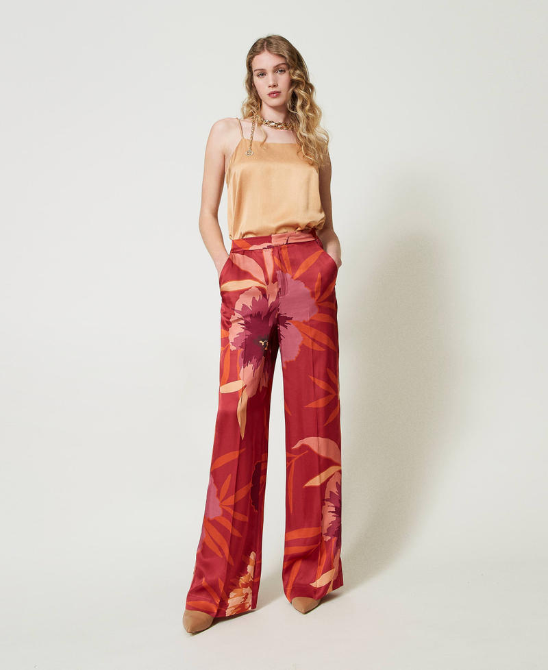 Scee by twin set Pantaloni wide leg in raso a fiori Limitato a 3 giorni