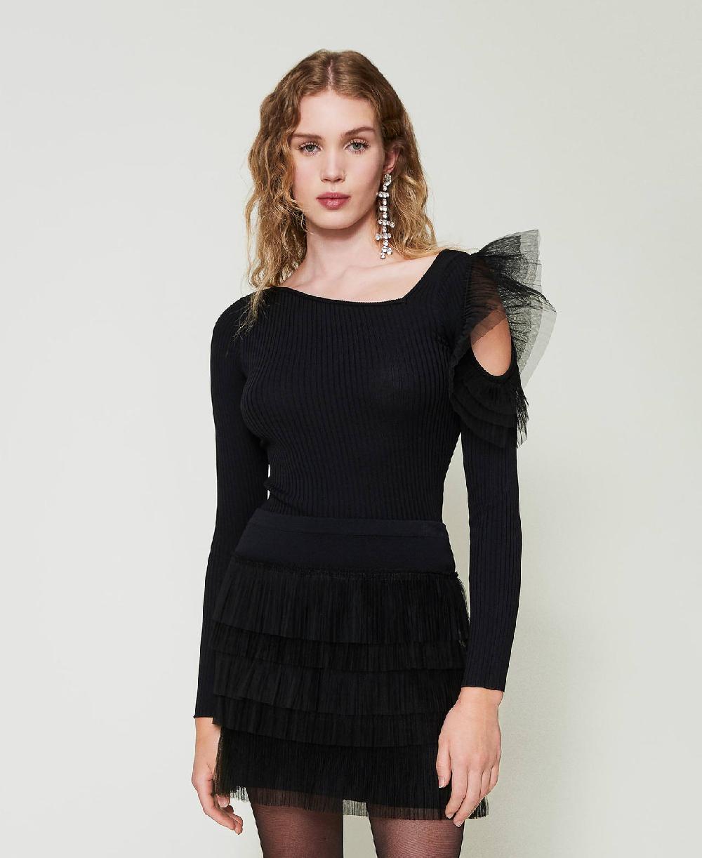 Scee by twin set Maglia fitted con cut-out e tulle Fino al 50% di sconto