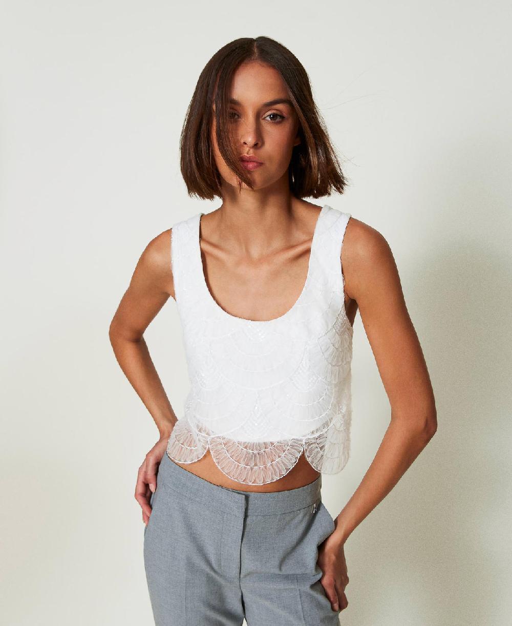 Scee by twin set Top in crêpe cady e organza ricamata Economico