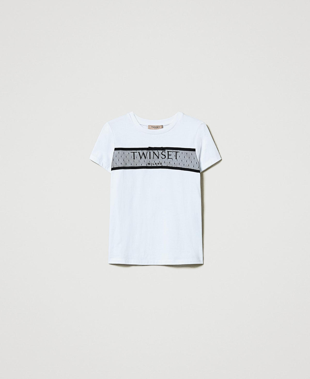 Scee by twin set T-shirt con balza in tulle e ricamo logo 2025
