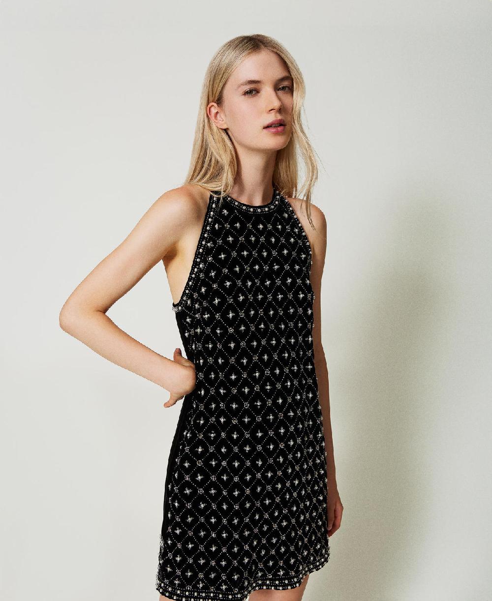 Scee by twin set Abito corto halter in velluto ricamato Negozi Online