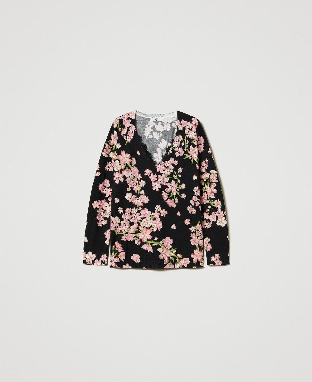 Scee by twin set Maglia con stampa a fiori e pizzo