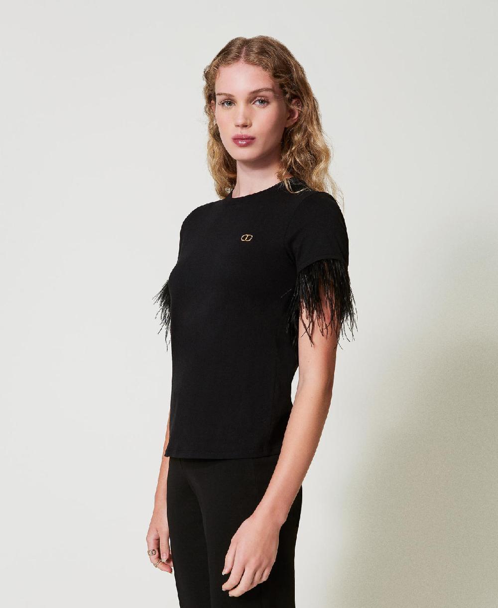 Scee by twin set T-shirt con logo Oval T e piume Enormi risparmi