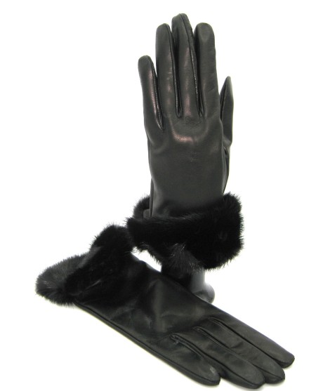 Sermoneta Gloves Guanto in Nappa 4bt con risvolto in Visone Nero Prezzo Ridotto